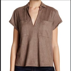 Brown Suede Short Sleeve V-Neck Blouse Top Sz.L